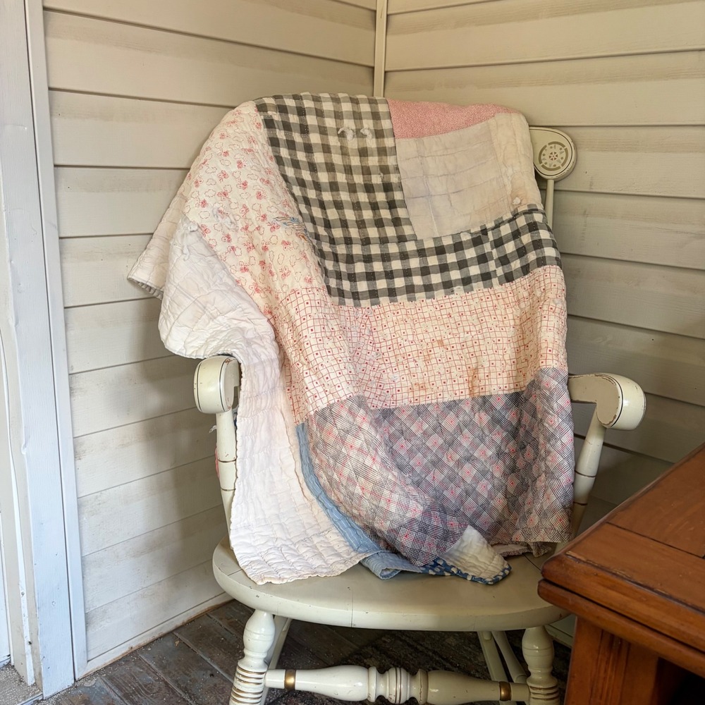 Vintage 1940s Handmade Patchwork Quilt Flour Sack Backing Pink Blue Gingham